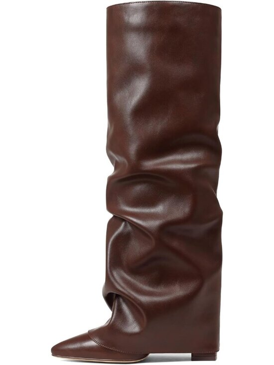 Shoes - Women's Chocolate Knee High Boots Wide Calf Chunky High Heel Boots Pointed Toe